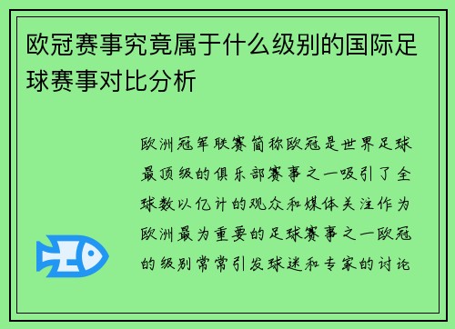 欧冠赛事究竟属于什么级别的国际足球赛事对比分析